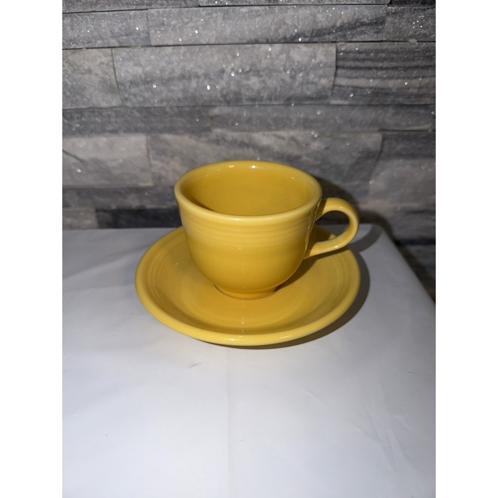 Fiesta Ware Cup & Saucer Set Yellow Sunflower Homer Laughlin Lead Free USA